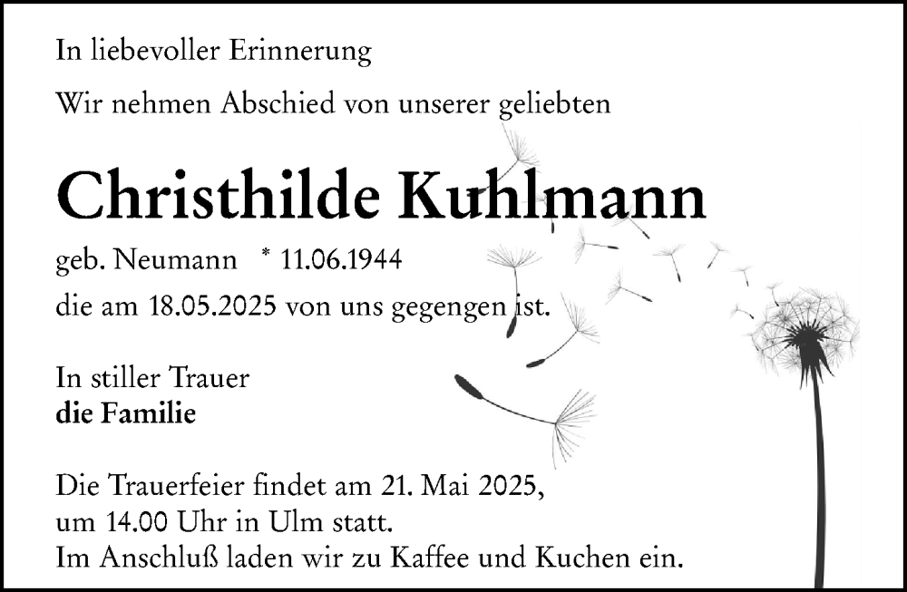  Traueranzeige für Christhilde Kuhlmann vom 20.05.2025 aus Wetzlarer Neue Zeitung