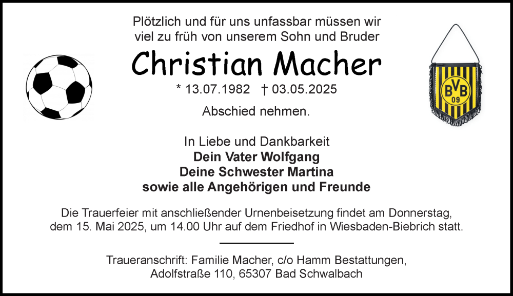  Traueranzeige für Christian Macher vom 10.05.2025 aus Wiesbadener Kurier