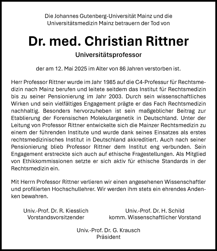  Traueranzeige für Christian Rittner vom 24.05.2025 aus Allgemeine Zeitung Mainz
