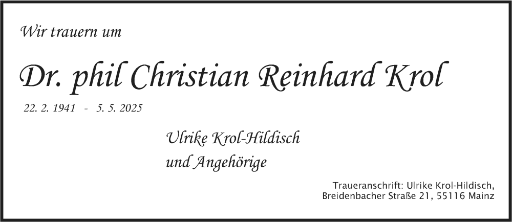  Traueranzeige für Christian Reinhard Krol vom 17.05.2025 aus Wiesbadener Kurier