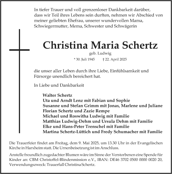 Traueranzeige von Christina Maria Schertz von Allgemeine Zeitung Mainz