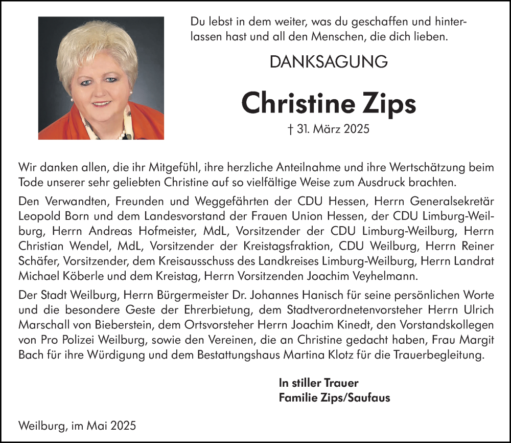  Traueranzeige für Christine Zips vom 17.05.2025 aus Weilburger Tageblatt