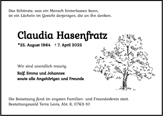 Traueranzeige von Claudia Hasenfratz von Wiesbadener Kurier