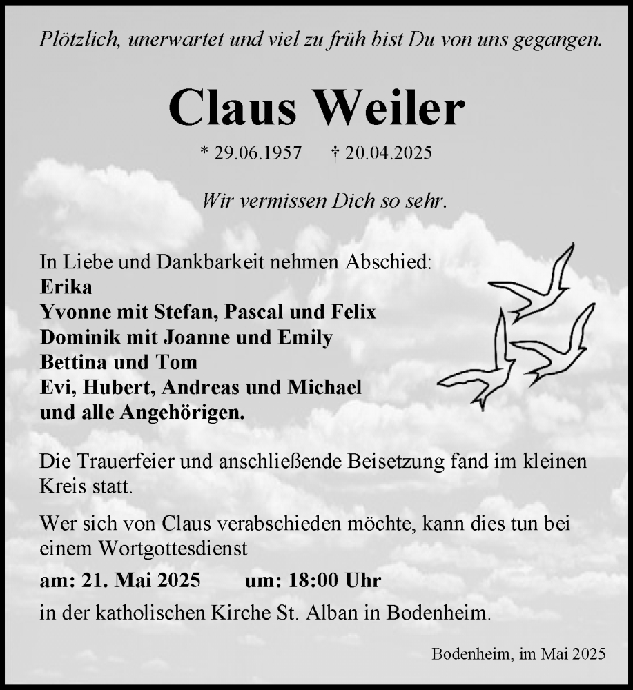  Traueranzeige für Claus Weiler vom 10.05.2025 aus Allgemeine Zeitung Mainz