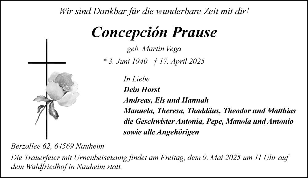  Traueranzeige für Concepcion Prause vom 03.05.2025 aus Rüsselsheimer Echo