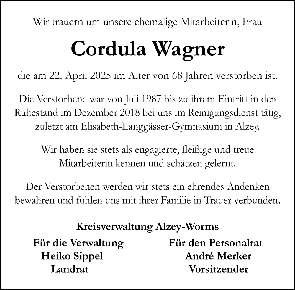  Traueranzeige für Cordula Wagner vom 02.05.2025 aus Allgemeine Zeitung Alzey