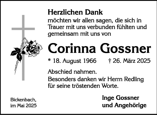 Traueranzeige von Corinna Gossner von Darmstädter Echo