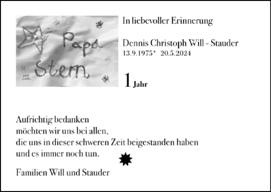 Traueranzeige von Dennis Christoph Will-Stauder von Wiesbadener Kurier