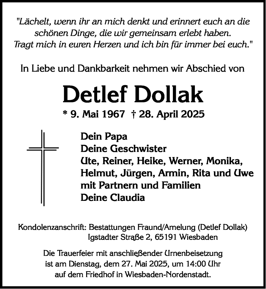  Traueranzeige für Detlef Dollak vom 10.05.2025 aus Wiesbadener Kurier