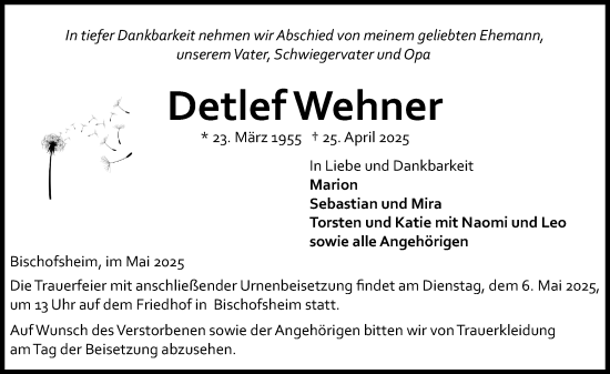 Traueranzeige von Detlef Wehner von Rüsselsheimer Echo