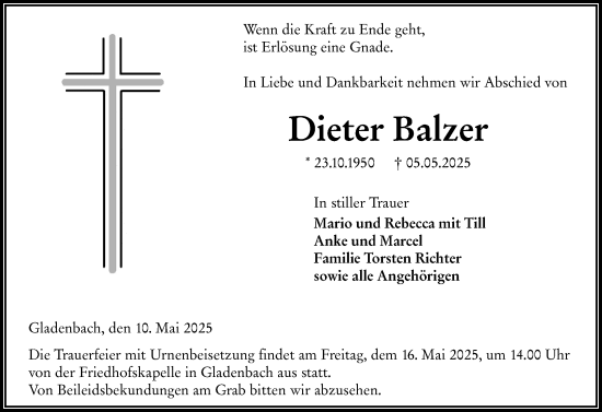 Traueranzeige von Dieter Balzer von Hinterländer Anzeiger