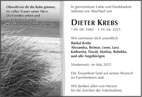 Traueranzeige von Dieter Krebs von Wetzlarer Neue Zeitung