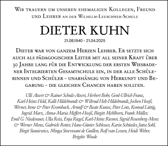 Traueranzeige von Dieter Kuhn von Wiesbadener Kurier