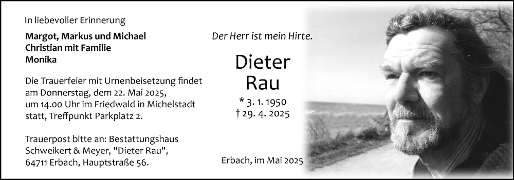  Traueranzeige für Dieter Rau vom 10.05.2025 aus Odenwälder Echo