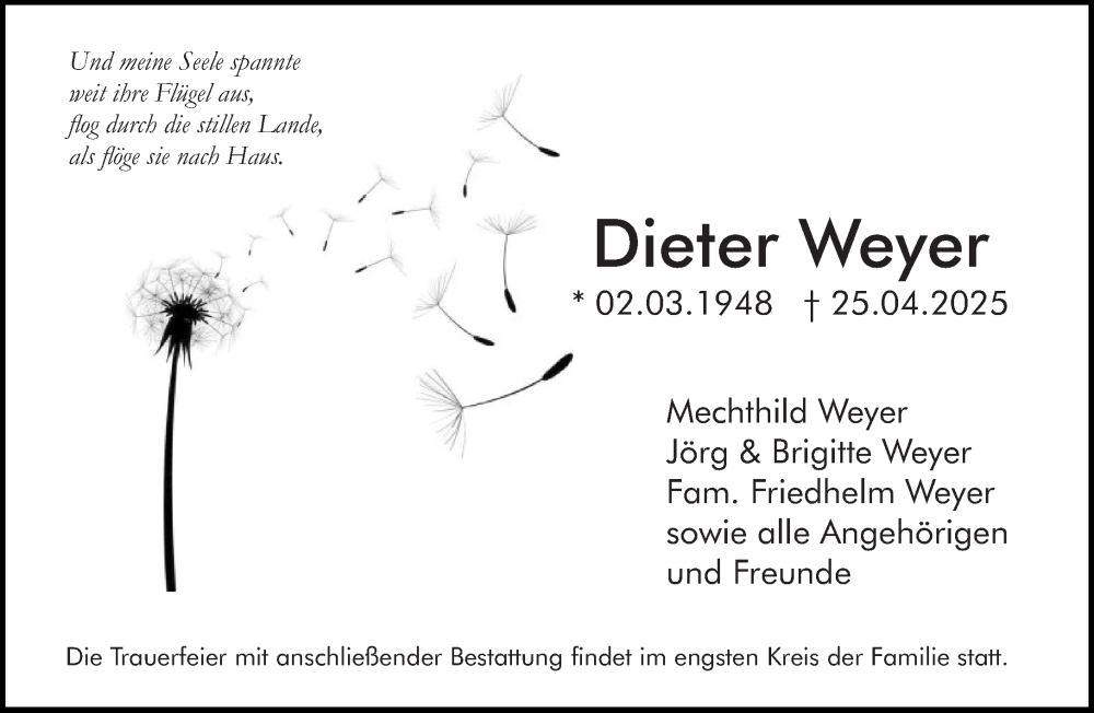  Traueranzeige für Dieter Weyer vom 10.05.2025 aus Allgemeine Zeitung Rheinhessen-Nahe