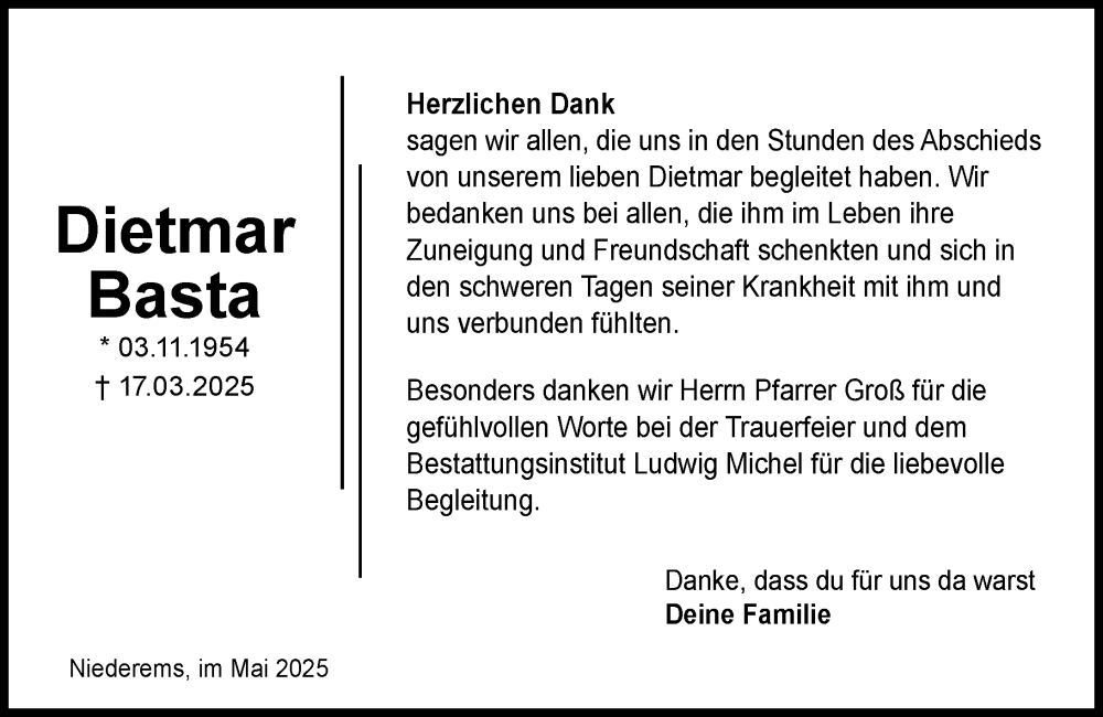  Traueranzeige für Dietmar Basta vom 02.05.2025 aus Camberger Anzeiger