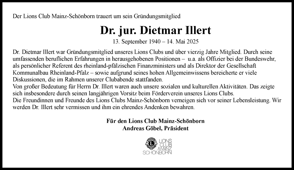  Traueranzeige für Dietmar Illert vom 24.05.2025 aus Allgemeine Zeitung Mainz