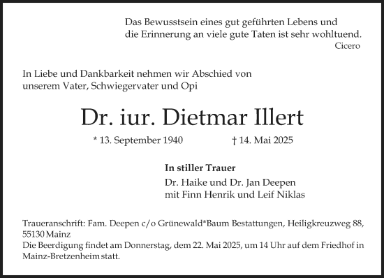 Traueranzeige von Dietmar Illert von Allgemeine Zeitung Mainz