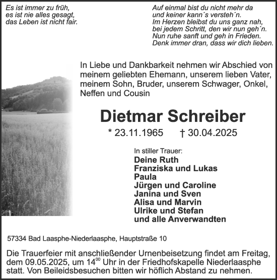 Traueranzeige von Dietmar Schreiber von Hinterländer Anzeiger