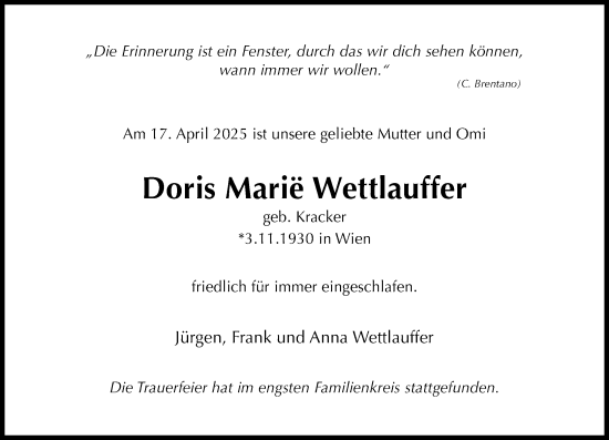 Traueranzeige von Doris Marié Wettlauffer von Wiesbadener Kurier