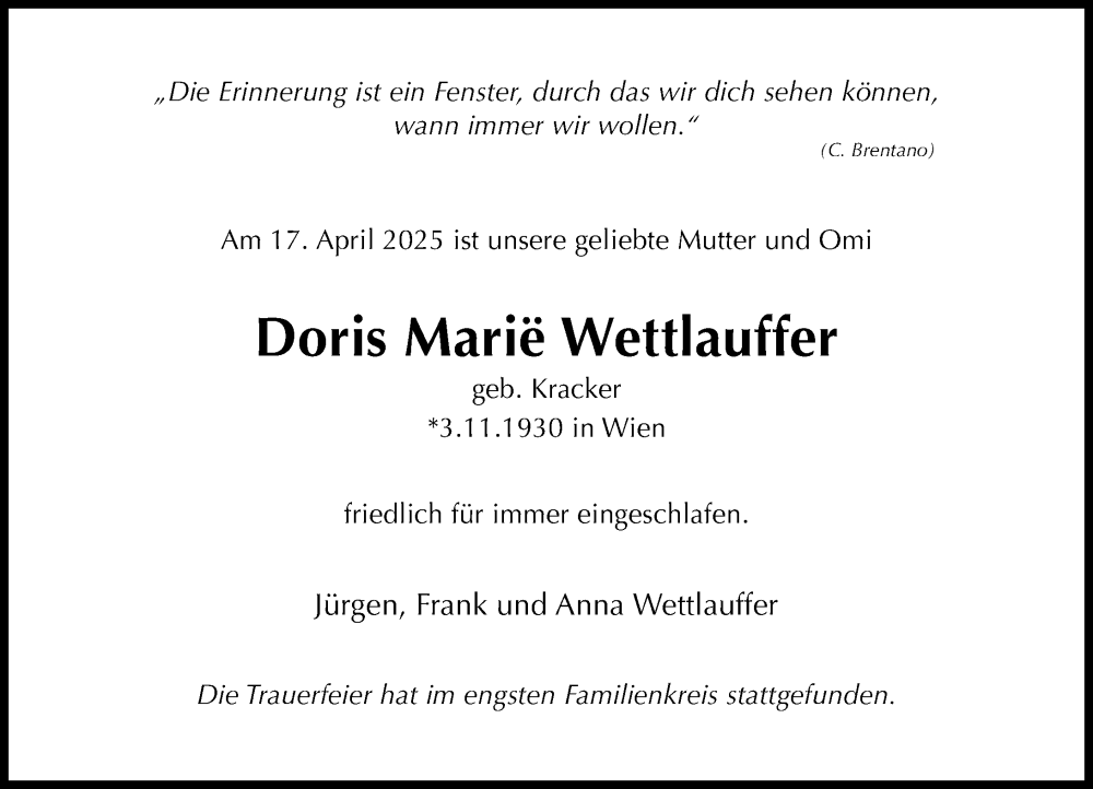  Traueranzeige für Doris Marié Wettlauffer vom 17.05.2025 aus Wiesbadener Kurier