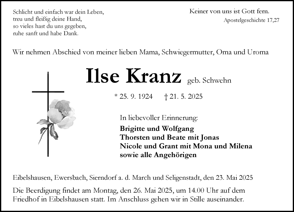  Traueranzeige für Ilse Kranz vom 23.04.2025 aus Dill Block