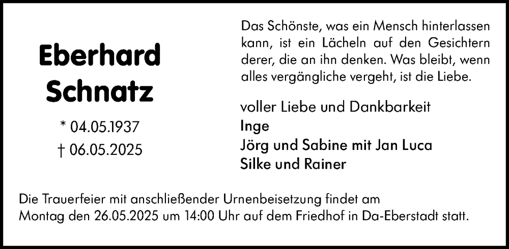  Traueranzeige für Eberhard Schnatz vom 17.05.2025 aus Darmstädter Echo