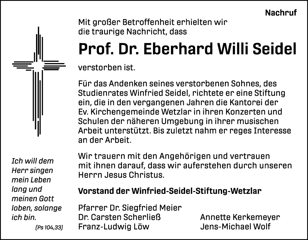  Traueranzeige für Eberhard Willi Seidel vom 31.05.2025 aus Wetzlarer Neue Zeitung