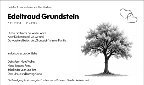 Traueranzeige von Edeltraud Grundstein von Wiesbadener Kurier