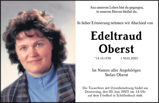 Traueranzeige von Edeltraud Oberst von Odenwälder Echo