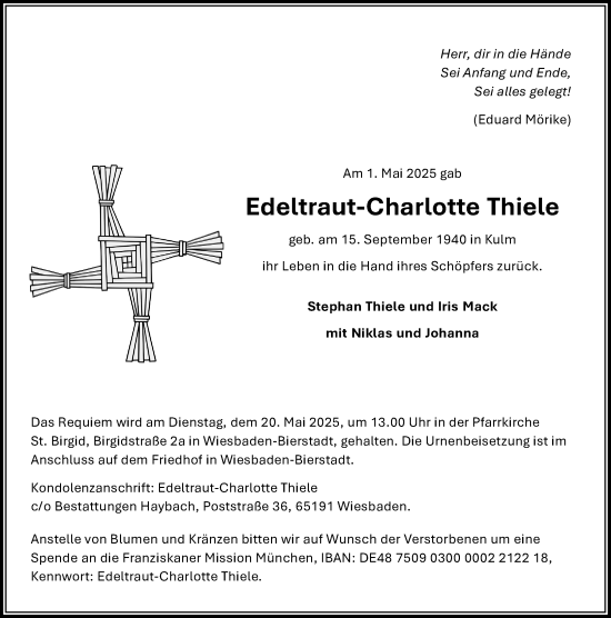 Traueranzeige von Edeltraut-Charlotte Thiele von Wiesbadener Kurier