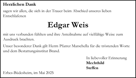 Traueranzeige von Edgar Weis von Allgemeine Zeitung Alzey