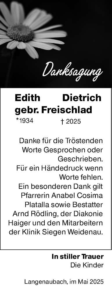 Traueranzeige von Edith Dietrich von Dill Block