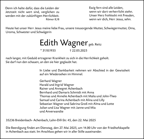 Traueranzeige von Edith Wagner von Hinterländer Anzeiger