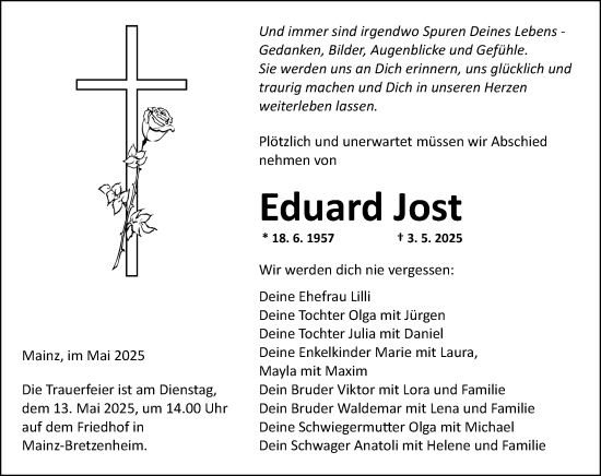 Traueranzeige von Eduard Jost von Allgemeine Zeitung Mainz