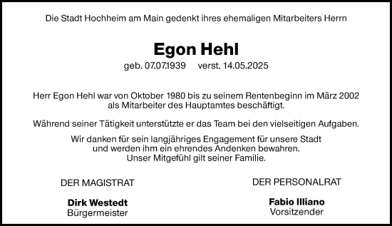 Traueranzeige von Egon Hehl von Hochheimer Zeitung