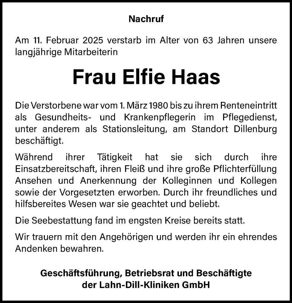  Traueranzeige für Elfie Haas vom 09.05.2025 aus Dill Block