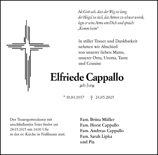 Traueranzeige von Elfriede Cappallo von Allgemeine Zeitung Rheinhessen-Nahe