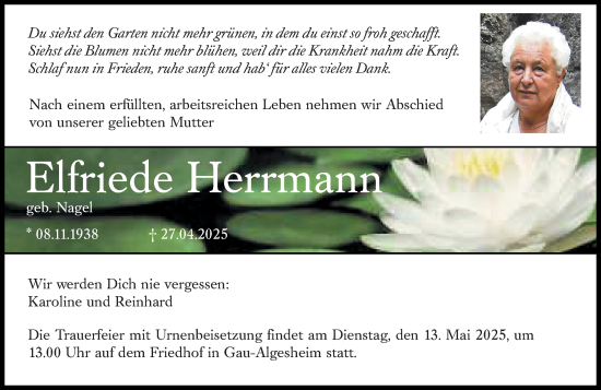 Traueranzeige von Elfriede Herrmann von Allgemeine Zeitung Rheinhessen-Nahe