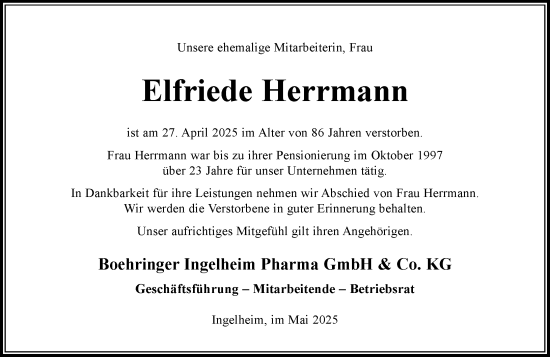 Traueranzeige von Elfriede Herrmann von Allgemeine Zeitung Rheinhessen-Nahe