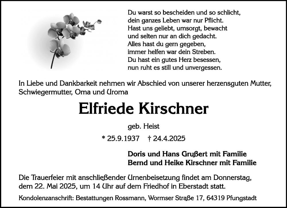  Traueranzeige für Elfriede Kirschner vom 17.05.2025 aus Darmstädter Echo