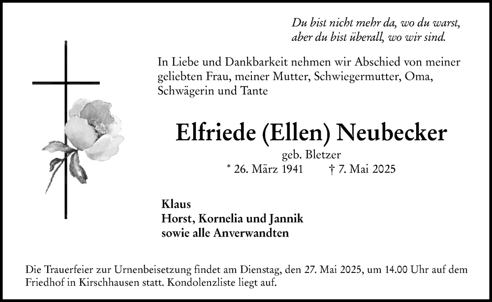  Traueranzeige für Elfriede Neubecker vom 24.05.2025 aus Starkenburger Echo