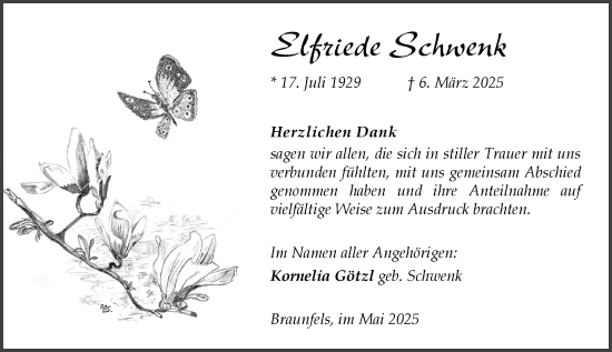 Traueranzeige von Elfriede Schwenk von Wetzlarer Neue Zeitung
