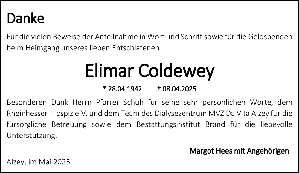  Traueranzeige für Elimar Coldewey vom 17.05.2025 aus Allgemeine Zeitung Alzey