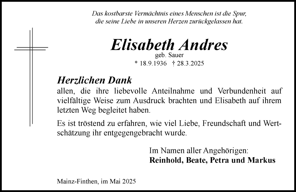  Traueranzeige für Elisabeth Andres vom 17.05.2025 aus Allgemeine Zeitung Mainz