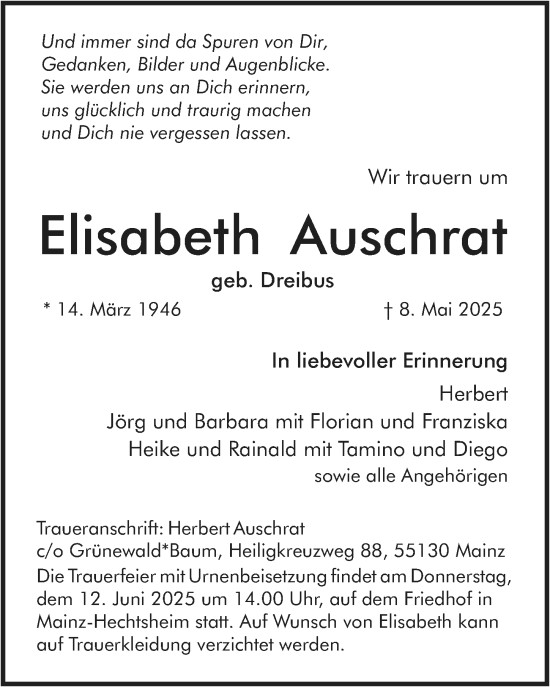 Traueranzeige von Elisabeth Auschrat von Allgemeine Zeitung Mainz