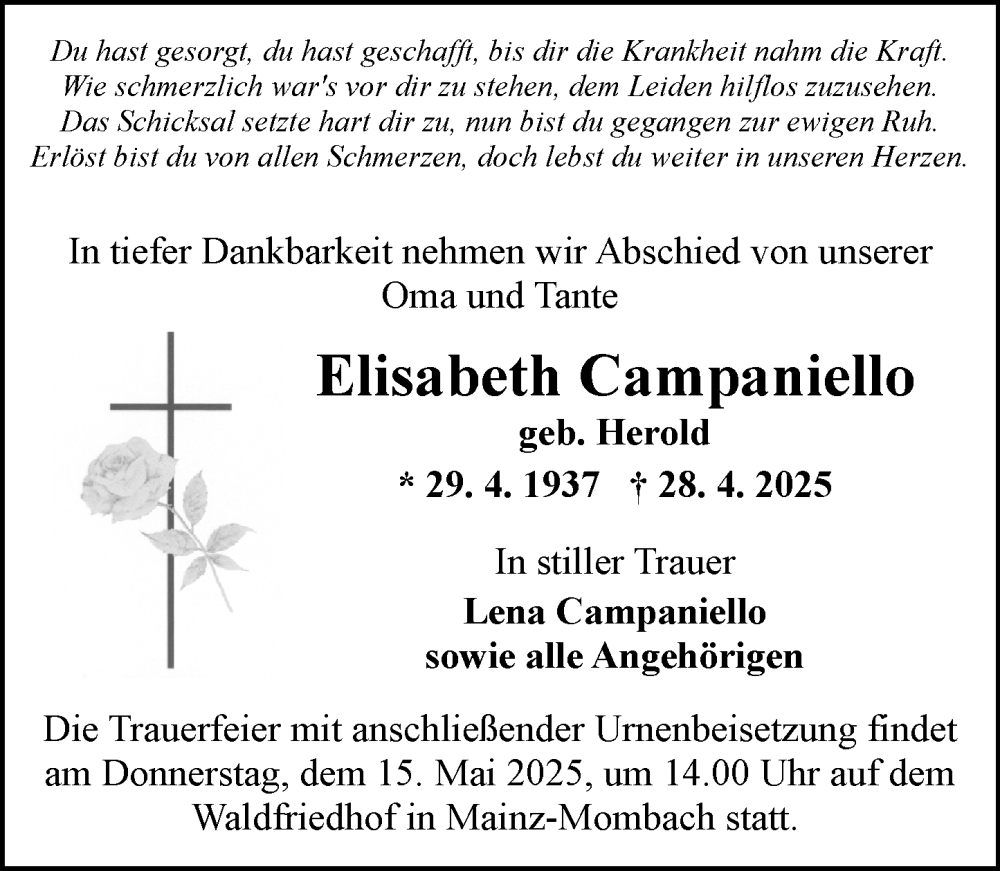  Traueranzeige für Elisabeth Campaniello vom 03.05.2025 aus Allgemeine Zeitung Mainz