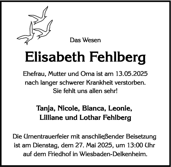 Traueranzeige von Elisabeth Fehlberg von Wiesbadener Kurier