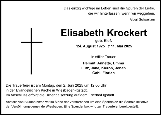 Traueranzeige von Elisabeth Krockert von Wiesbadener Kurier