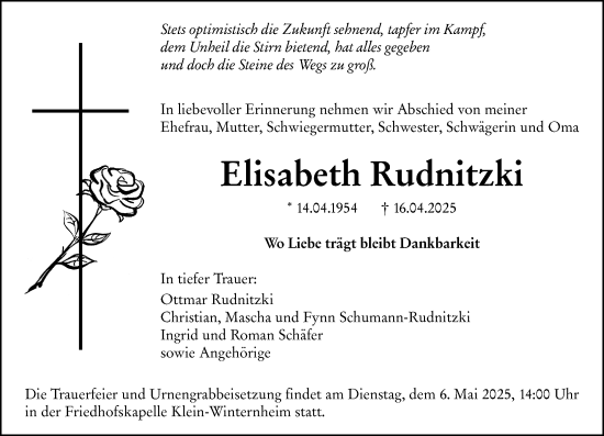 Traueranzeige von Elisabeth Rudnitzki von Allgemeine Zeitung Mainz